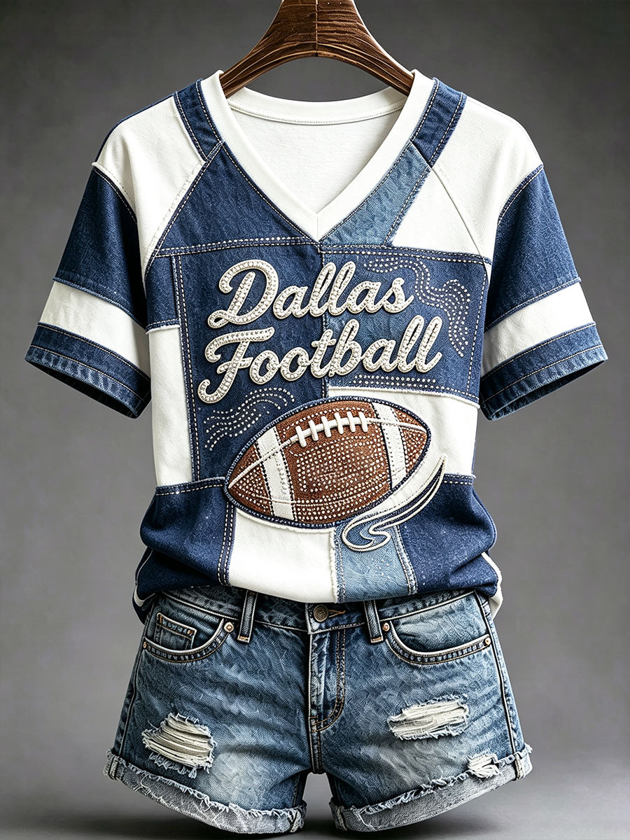 Women's Football Gameday Gift For Football Fans Casual V-neck off-shoulder short-sleeved T-shirt