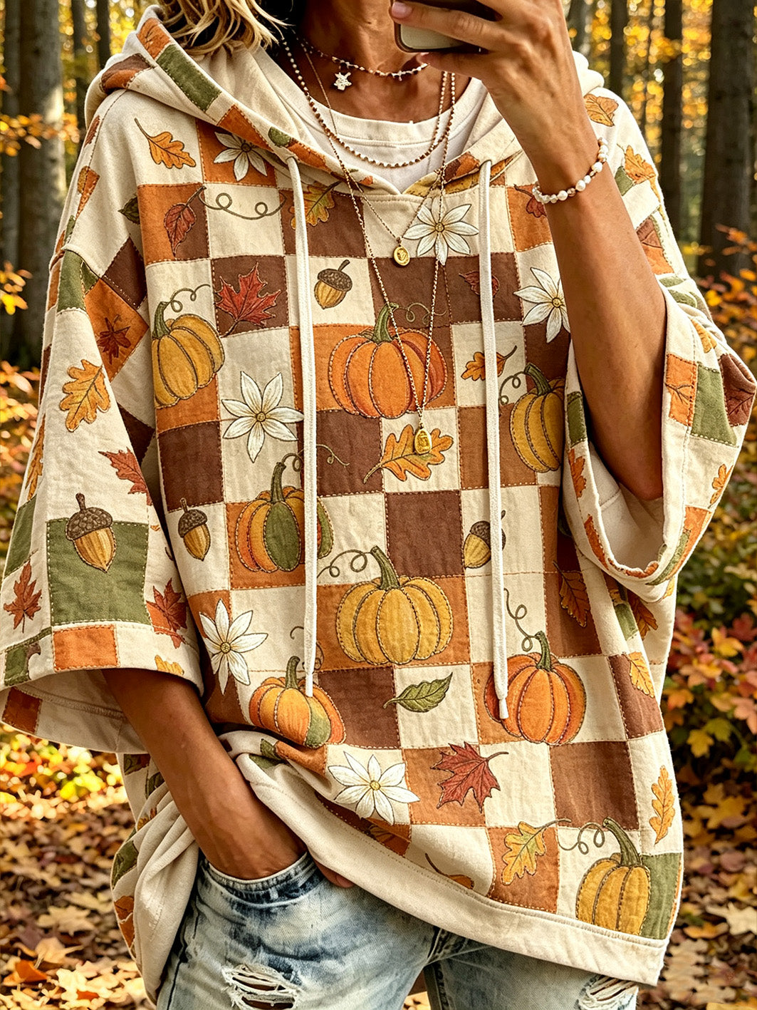 Women's autumn pumpkin pattern printed color-blocked design casual hoodie