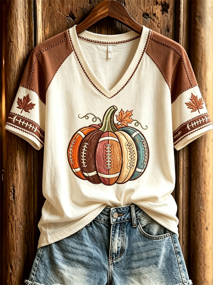 Women's Football Inspired Fall Pumpkin Print short-sleeved T-shirt