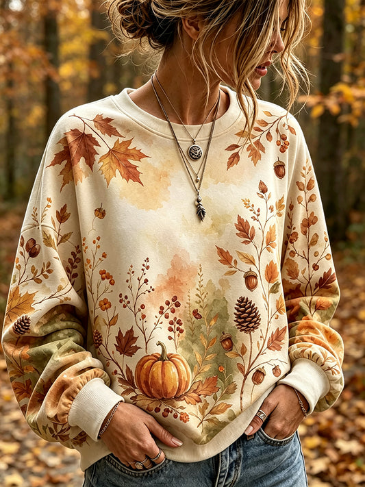 Women's Vintage Fall Watercolor Art Printed Casual Sweatshirt
