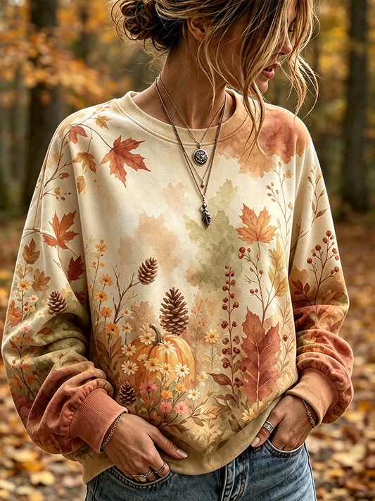 Women's Vintage Fall Watercolor Art Printed Casual Sweatshirt