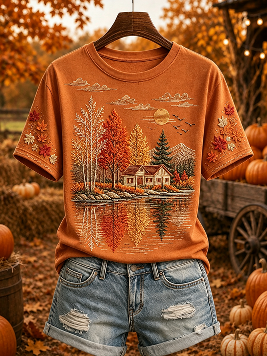 Women's Fall Landscape Reflection Print Cozy Short-sleeved T-shirt