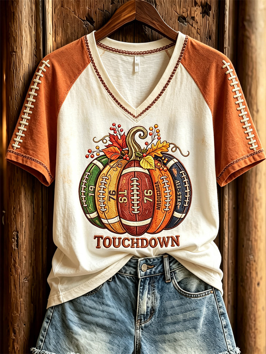 Women's Football Inspired Fall Pumpkin Print short-sleeved T-shirt