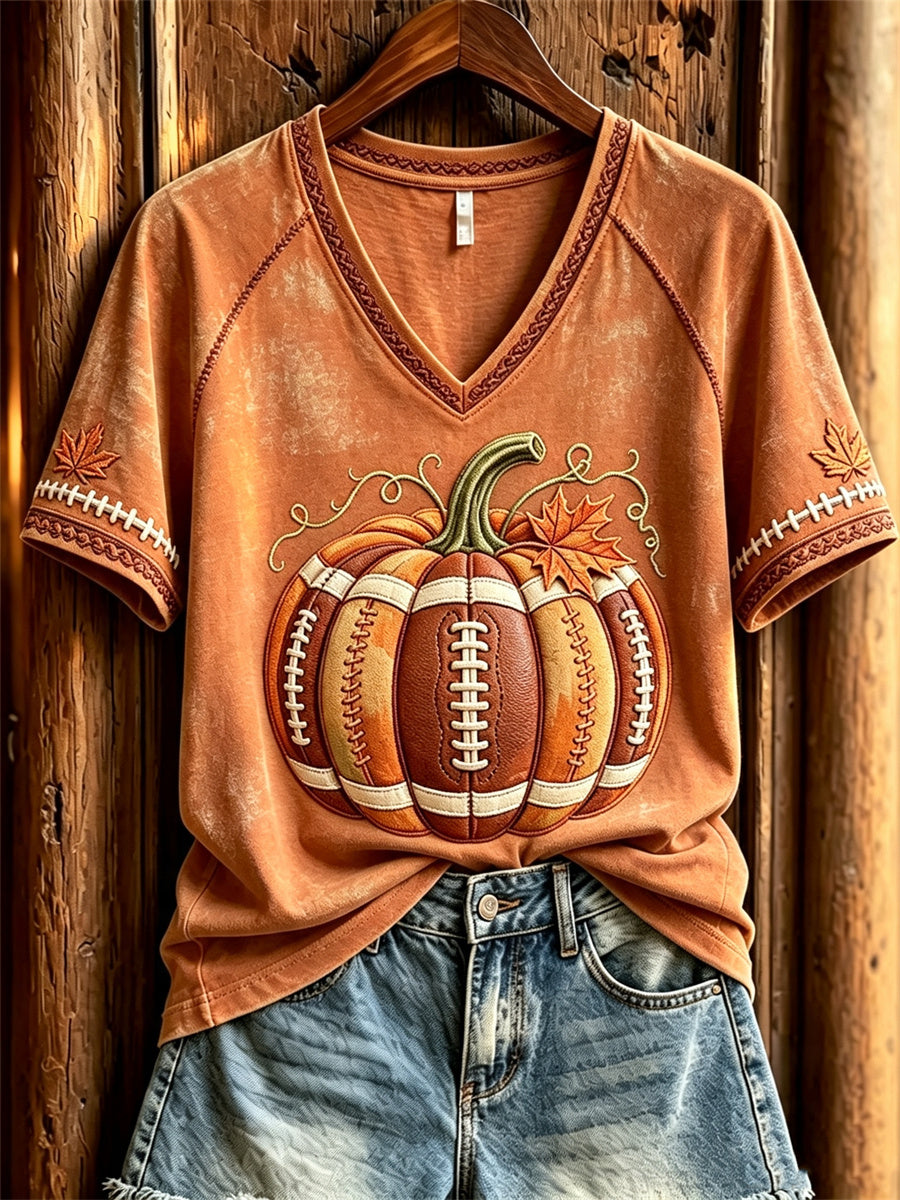 Women's Football Inspired Fall Pumpkin Print short-sleeved T-shirt