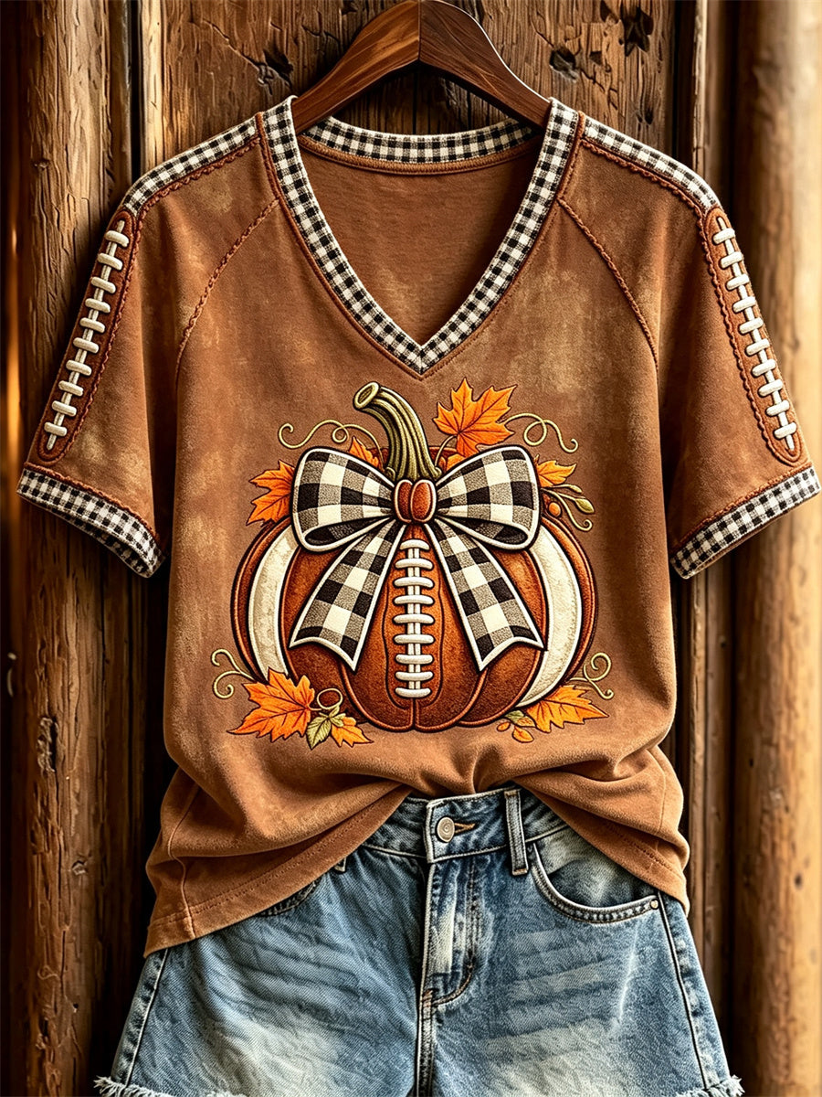 Women's Football Inspired Fall Pumpkin Print short-sleeved T-shirt