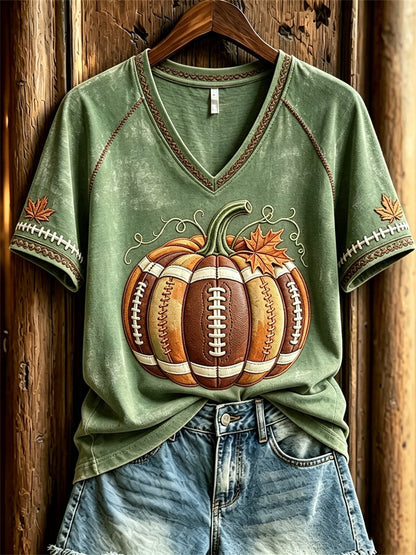 Women's Football Inspired Fall Pumpkin Print short-sleeved T-shirt