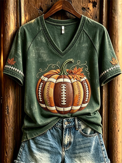 Women's Football Inspired Fall Pumpkin Print short-sleeved T-shirt