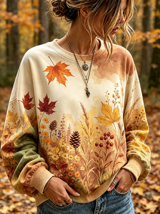 Women's Vintage Fall Watercolor Art Printed Casual Sweatshirt