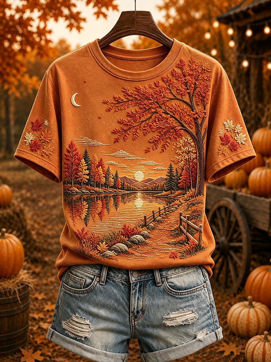 Women's Fall Landscape Reflection Print Cozy Short-sleeved T-shirt