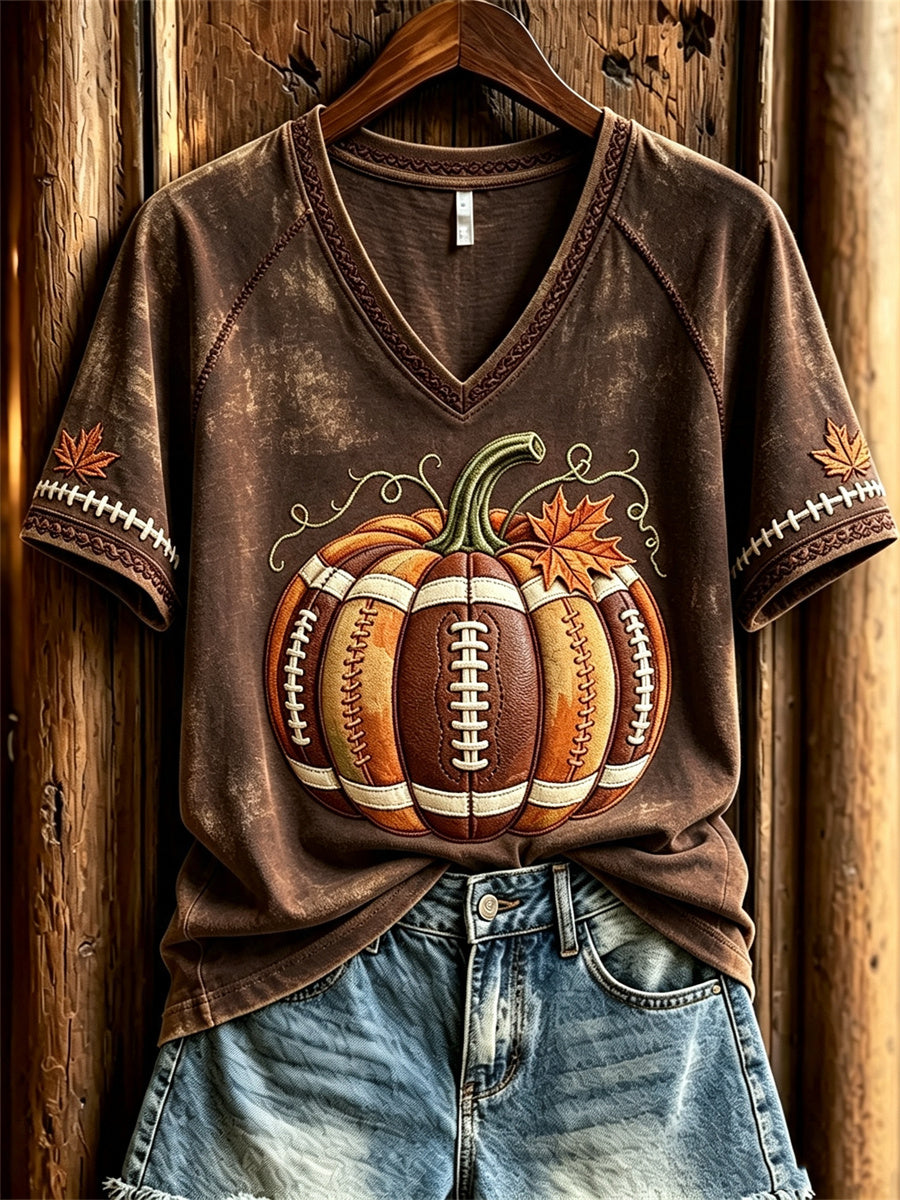Women's Football Inspired Fall Pumpkin Print short-sleeved T-shirt