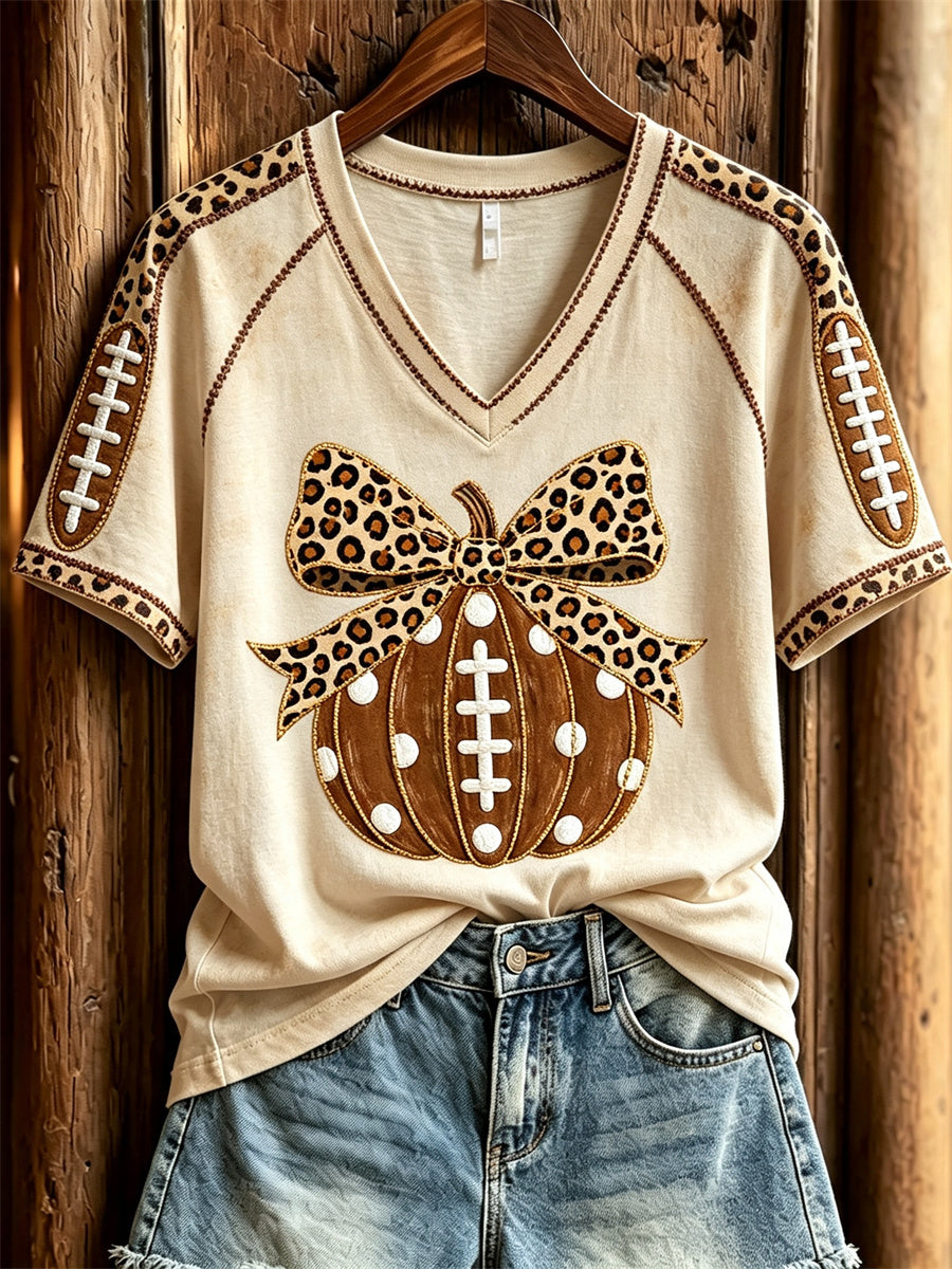 Women's Football Inspired Fall Pumpkin Print short-sleeved T-shirt