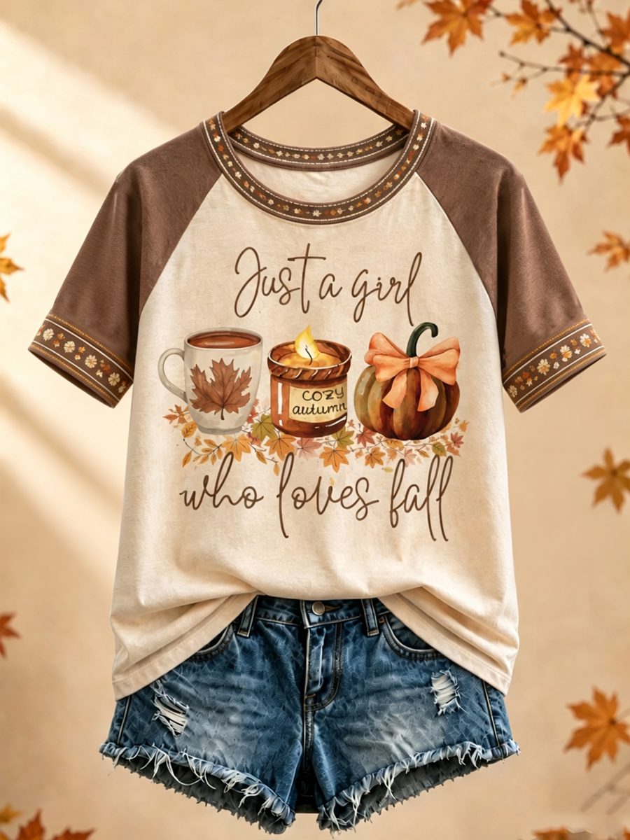 Women's Autumn Coffee Print round neck short sleeve T-shirt
