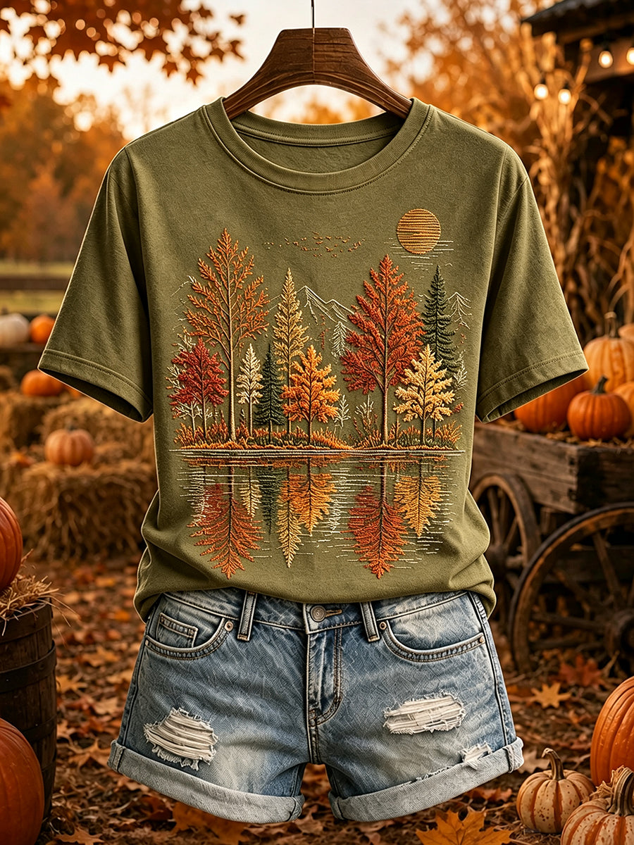 Women's Fall Trees Reflection Print Cozy Short-sleeved T-shirt