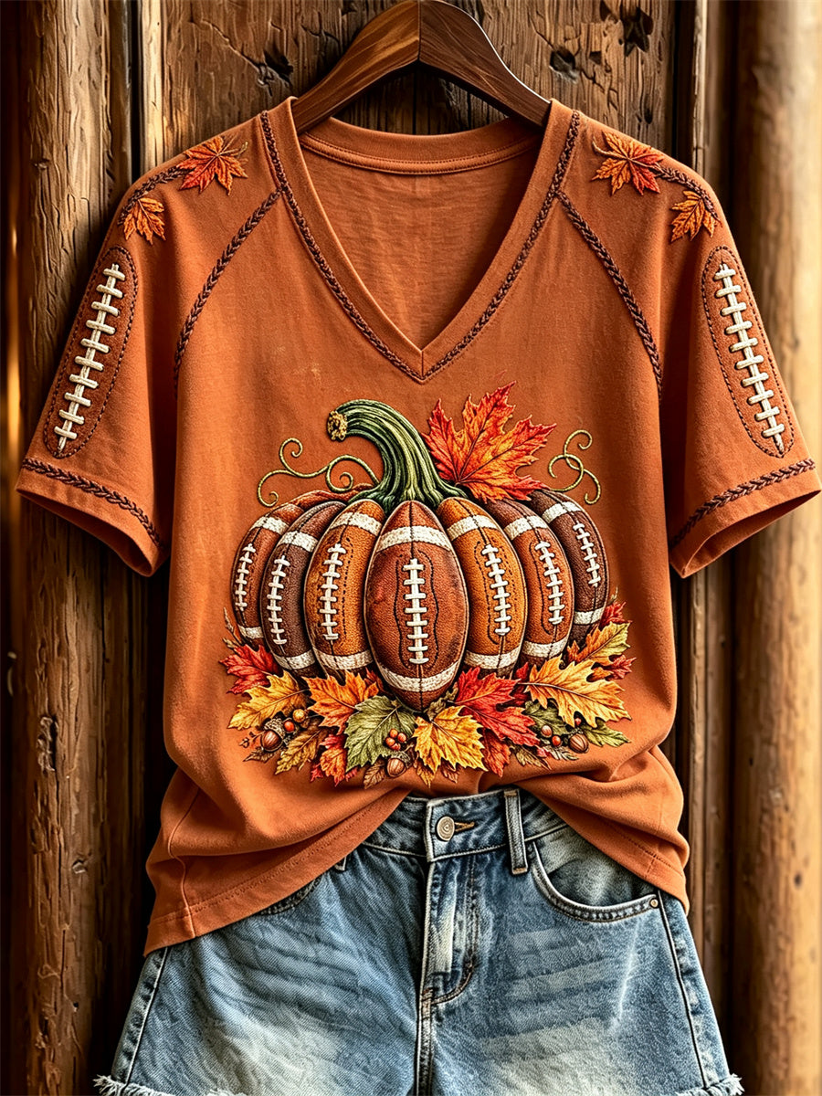 Women's Football Inspired Fall Pumpkin Print short-sleeved T-shirt