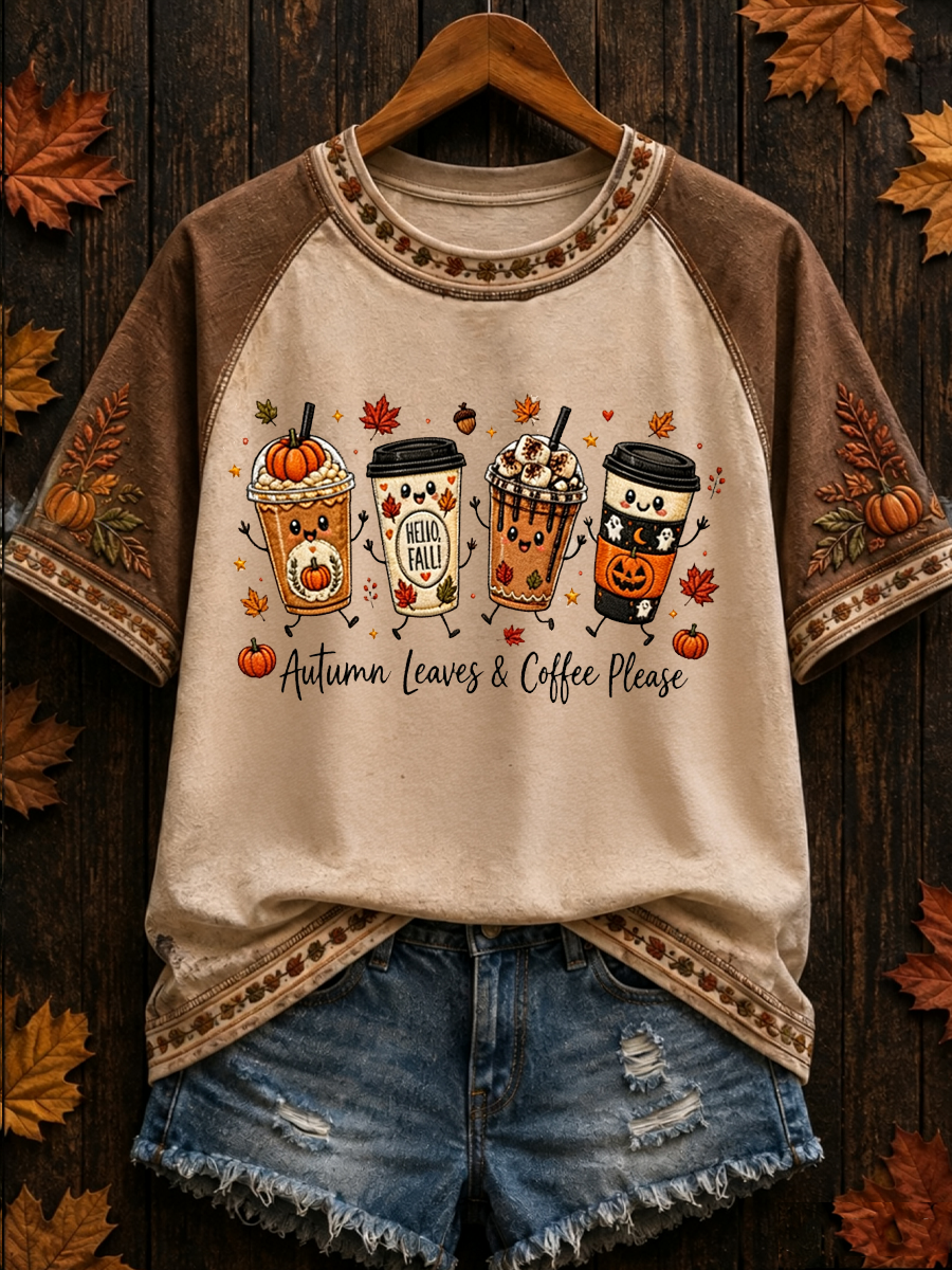 Women's Autumn Coffee Print round neck short sleeve T-shirt