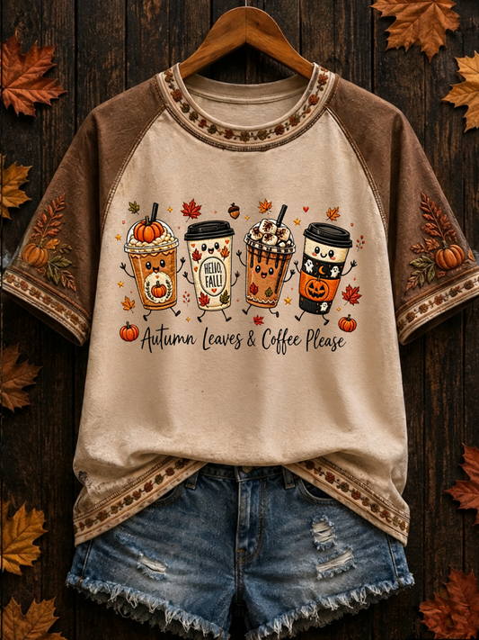 Women's Autumn Coffee Print round neck short sleeve T-shirt