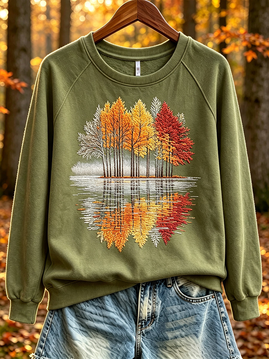 Women's Vintage Autumn Trees Print Comfy Raglan Dleeve Sweatshirt