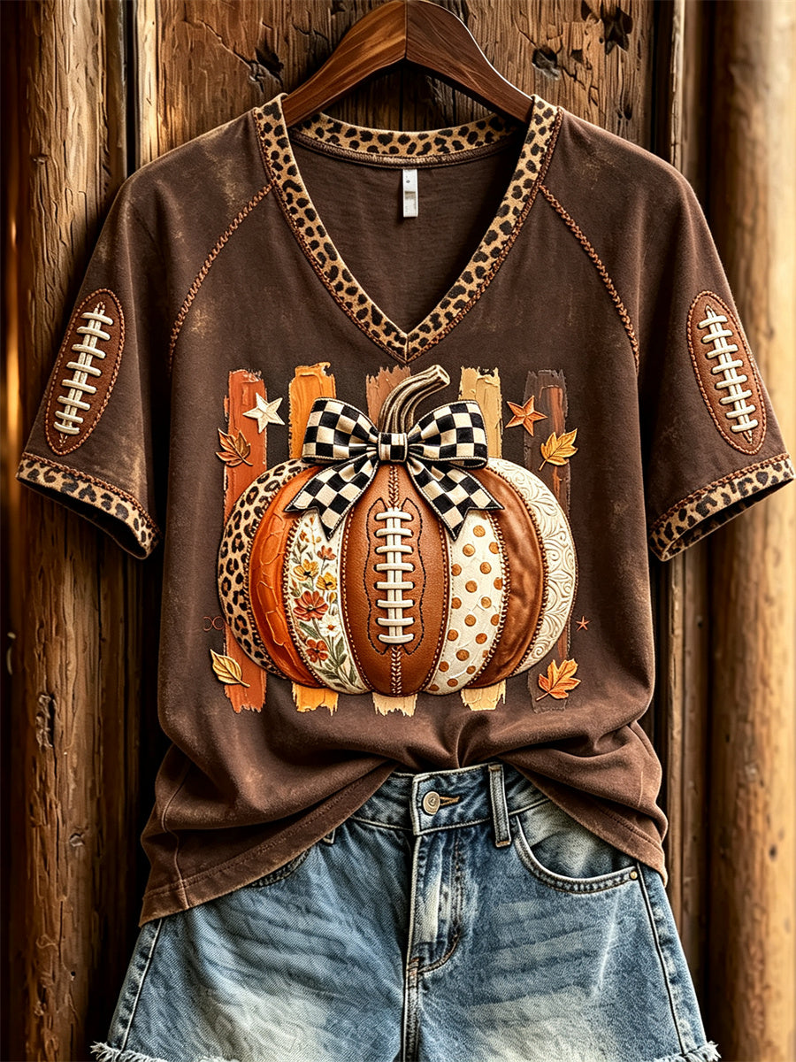 Women's Football Inspired Fall Pumpkin Print short-sleeved T-shirt