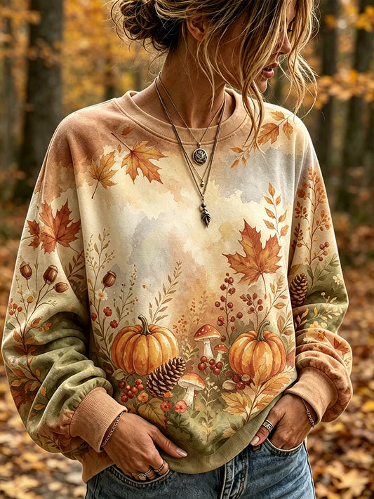 Women's Vintage Fall Watercolor Art Printed Casual Sweatshirt