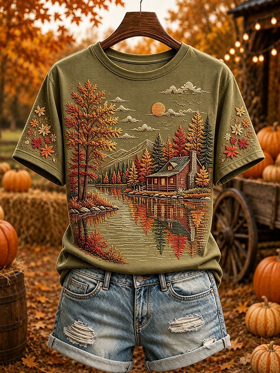 Women's Fall Landscape Reflection Print Cozy Short-sleeved T-shirt