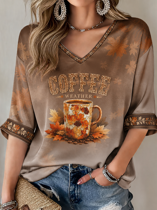 Women's Autumn Coffee Print Mid-length Sleeves V-Neck T-Shirt