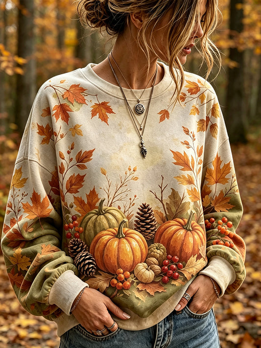 Women's Vintage Fall Watercolor Art Printed Casual Sweatshirt