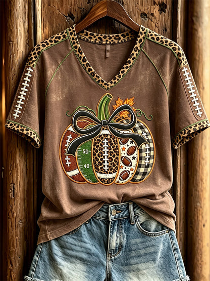 Women's Football Inspired Fall Pumpkin Print short-sleeved T-shirt