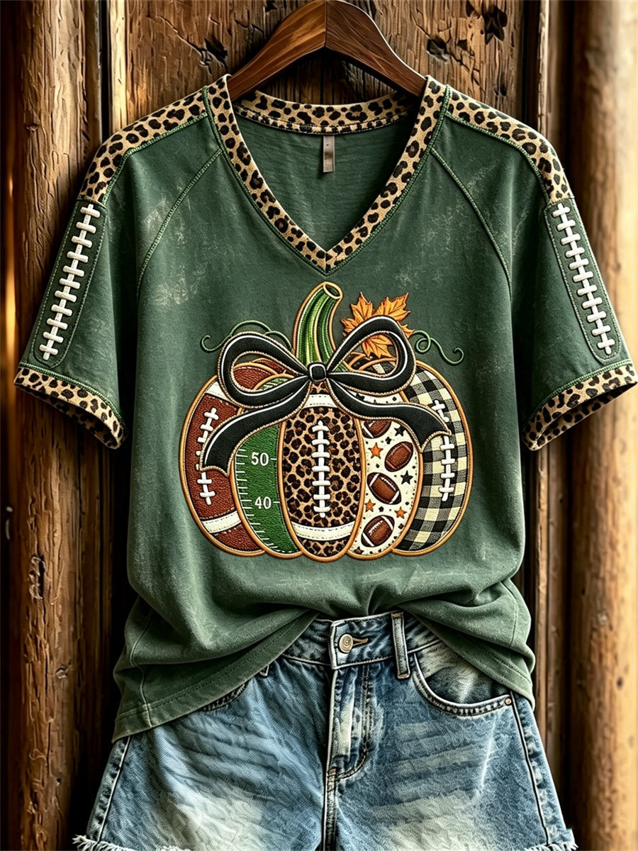 Women's Football Inspired Fall Pumpkin Print short-sleeved T-shirt