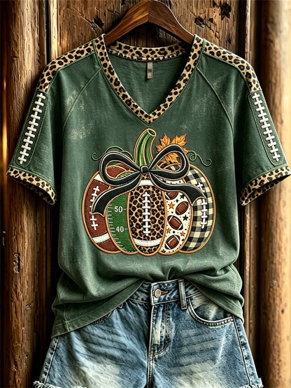 Women's Football Inspired Fall Pumpkin Print short-sleeved T-shirt