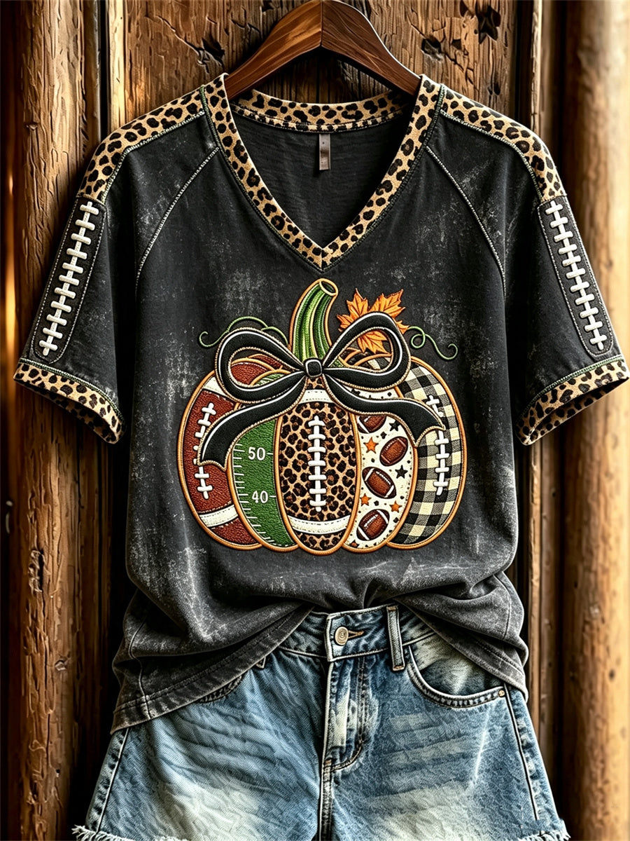 Women's Football Inspired Fall Pumpkin Print short-sleeved T-shirt
