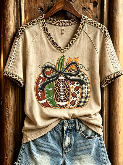 Women's Football Inspired Fall Pumpkin Print short-sleeved T-shirt