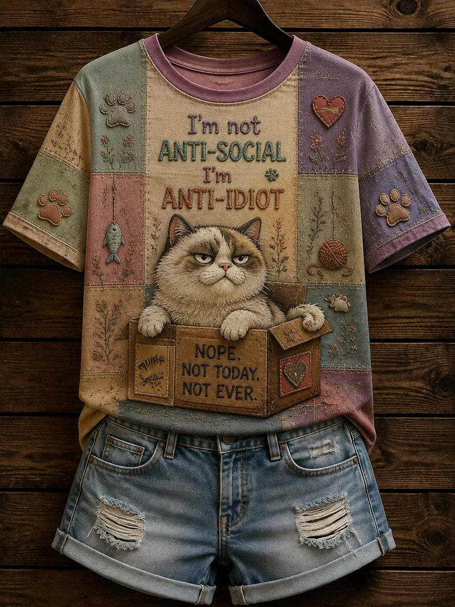 Women’s Patchwork Funny Cat Print T-shirt