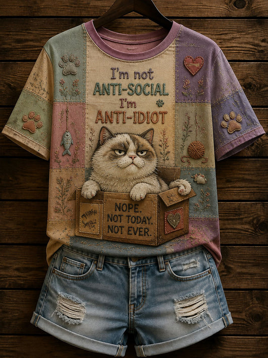 Women’s Patchwork Funny Cat Print T-shirt