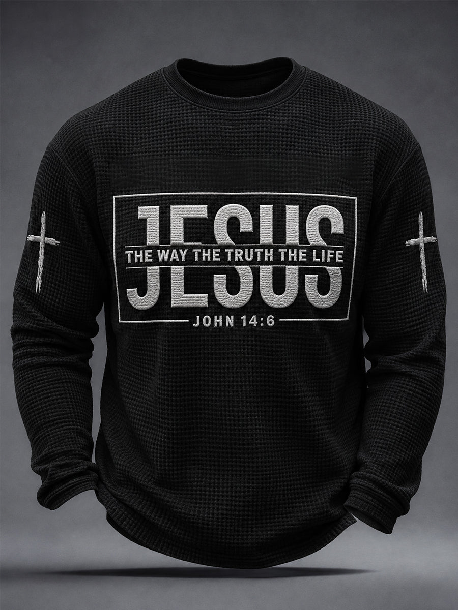 Men's Jesus The Way The Truth The Life John 14:6 Cross Graphic Waffle Long Sleeve T-Shirt