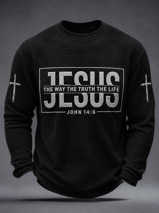 Men's Jesus The Way The Truth The Life John 14:6 Cross Graphic Waffle Long Sleeve T-Shirt
