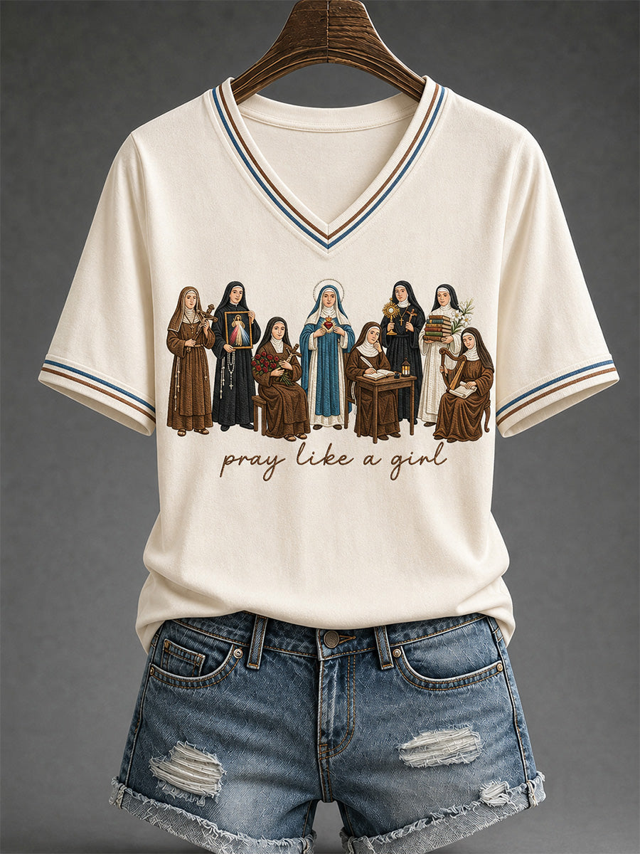 Women's Pray Like A Girl Print Casual V-Neck Tee