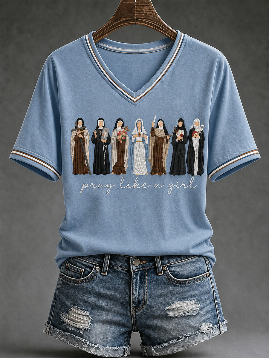Women's Pray Like A Girl Print Casual V-Neck Tee