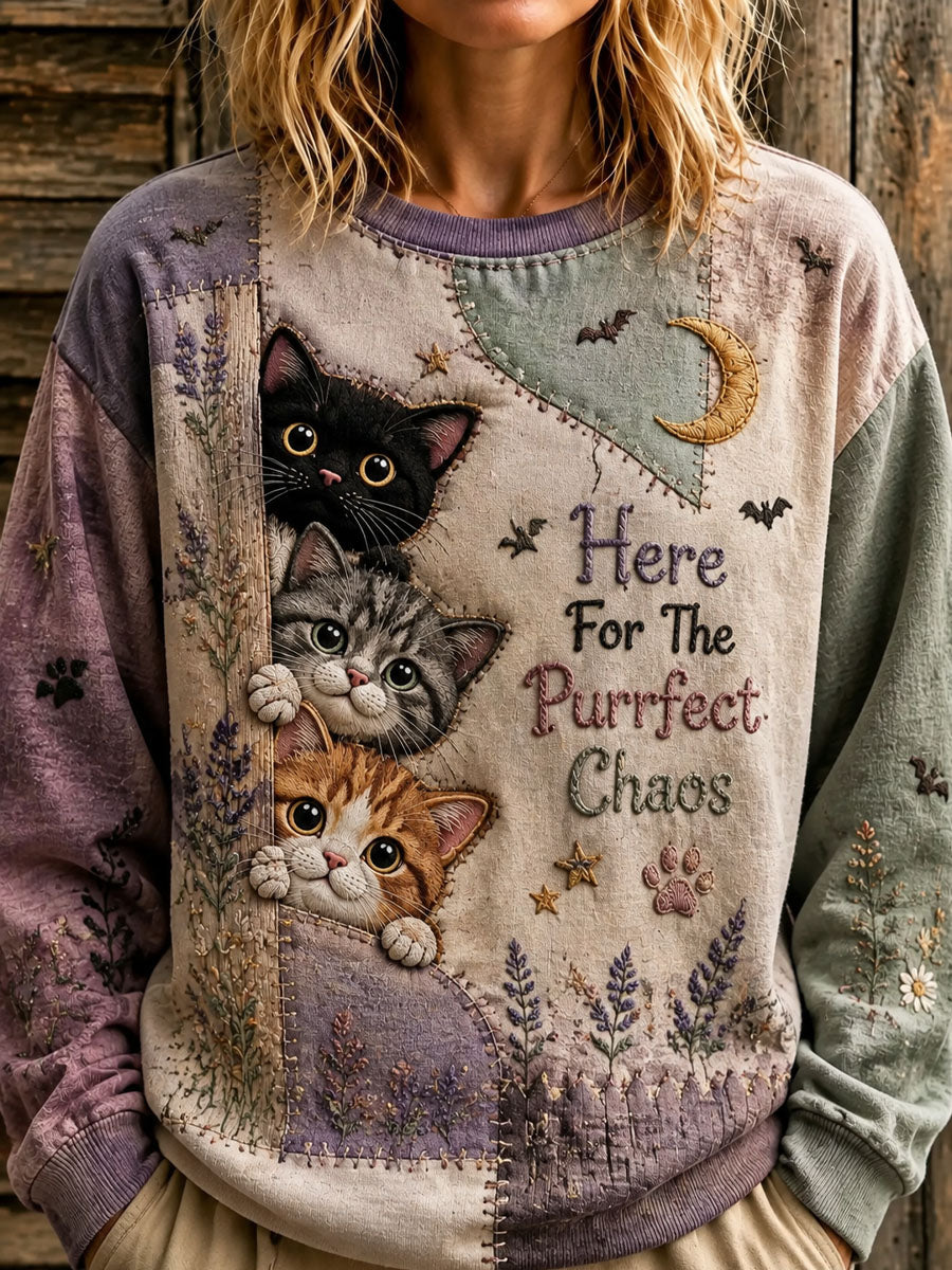 Women's Floral Patchwork Cat Print Hoodie