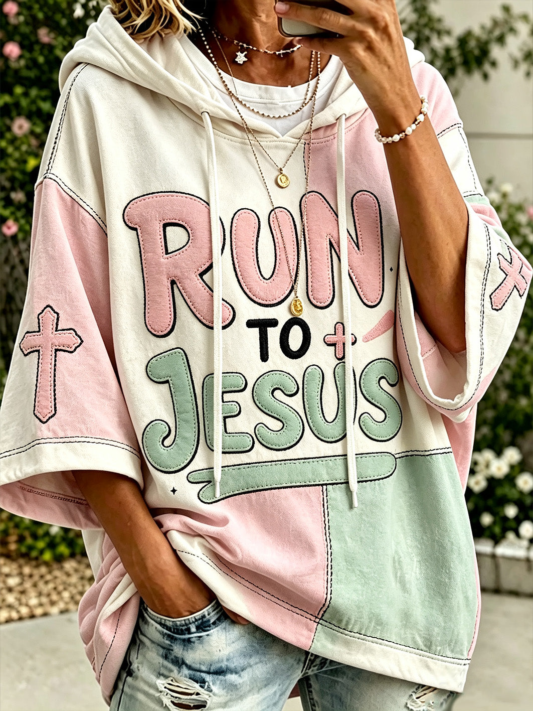 Women's faith-themed color-blocked design casual hoodie