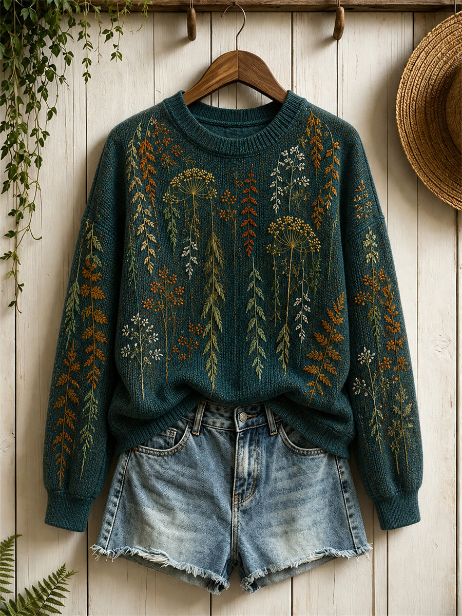 Women's Vintage Forest Plants Hanging Vines Print crew neck sweater