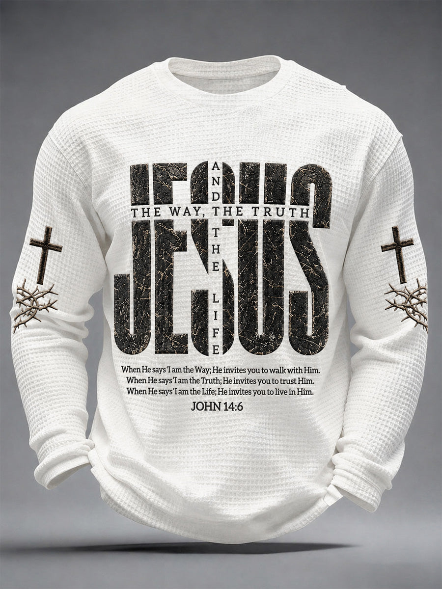Men's Jesus The Way The Truth The Life Print Casual Waffle Long Sleeve Top