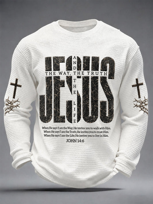 Men's Jesus The Way The Truth The Life Print Casual Waffle Long Sleeve Top