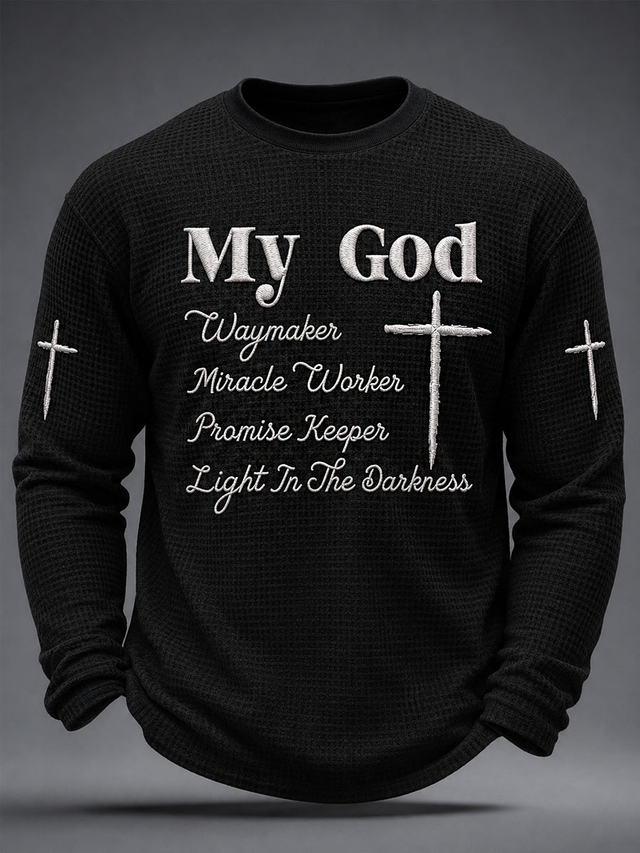 Men's My God Waymaker Cross Graphic Waffle Long Sleeve T-Shirt