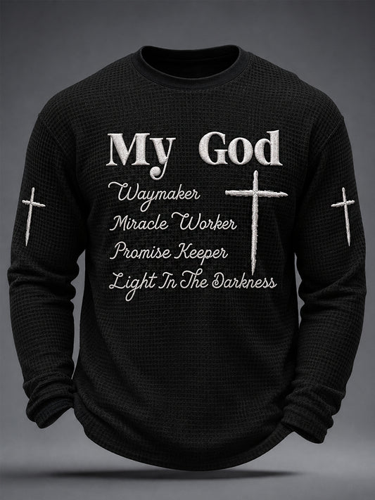 Men's My God Waymaker Cross Graphic Waffle Long Sleeve T-Shirt