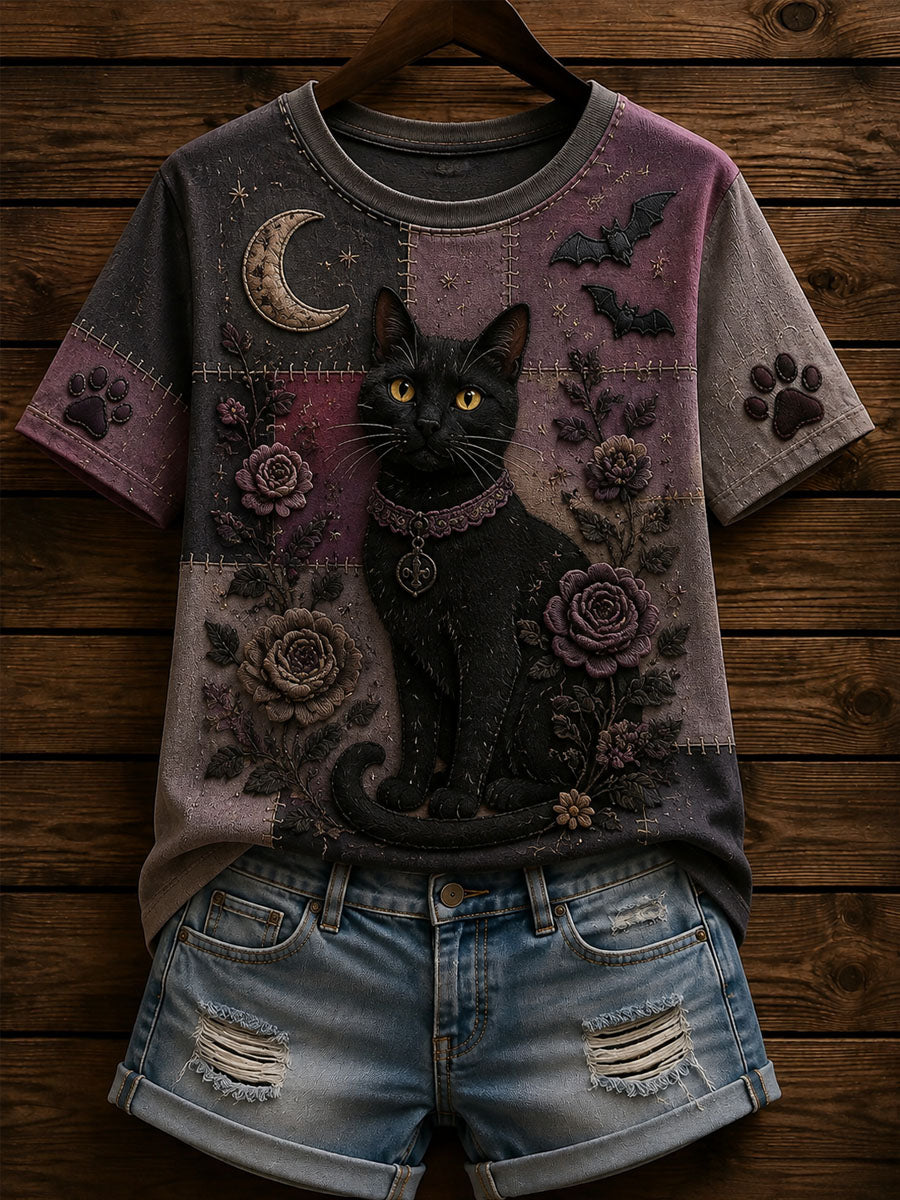 Women’s Gothic Patchwork Floral Cat Print T-shirt