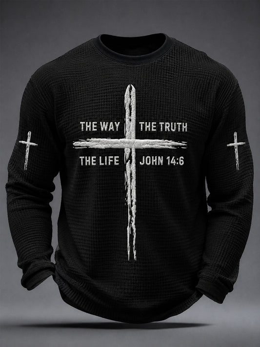Men's Jesus The Way The Truth The Life John 14:6 Cross Graphic Waffle Long Sleeve T-Shirt