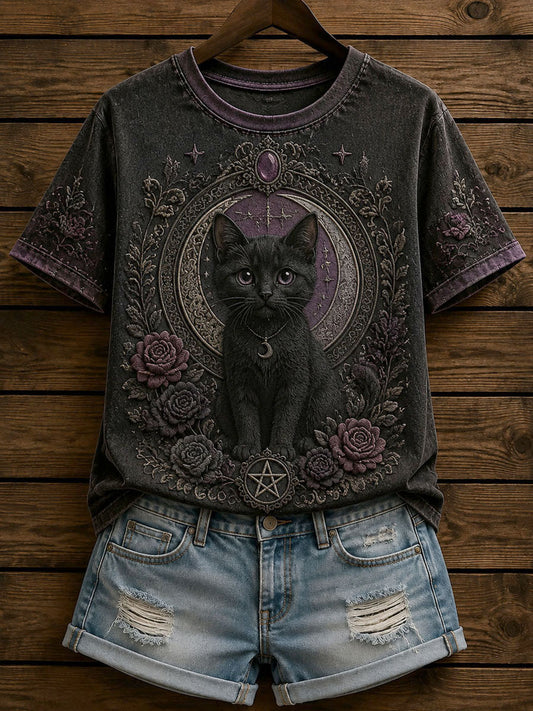 Women’s Gothic Patchwork Floral Cat Print T-shirt