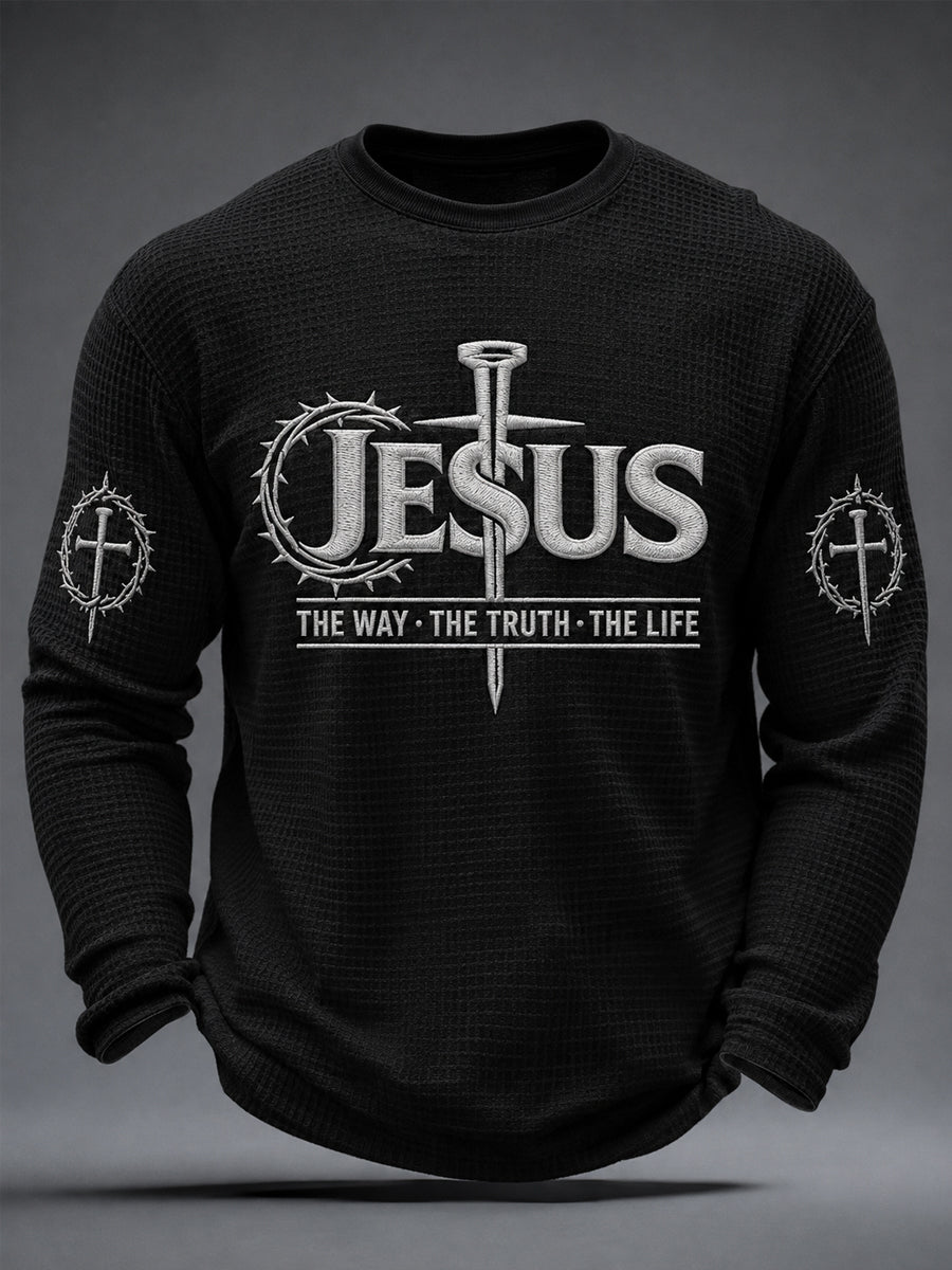 Men's Jesus The Way The Truth The Life John 14:6 Cross Graphic Waffle Long Sleeve T-Shirt