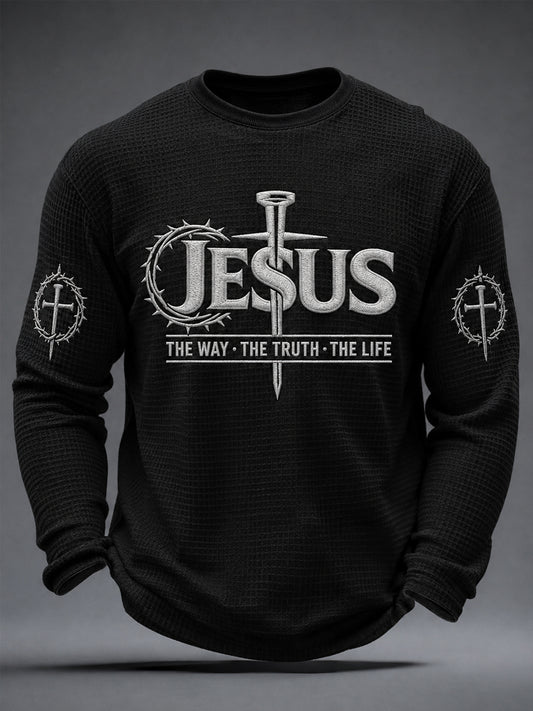 Men's Jesus The Way The Truth The Life John 14:6 Cross Graphic Waffle Long Sleeve T-Shirt