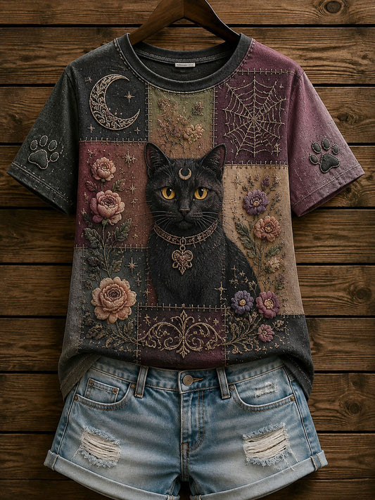 Women’s Gothic Patchwork Floral Cat Print T-shirt